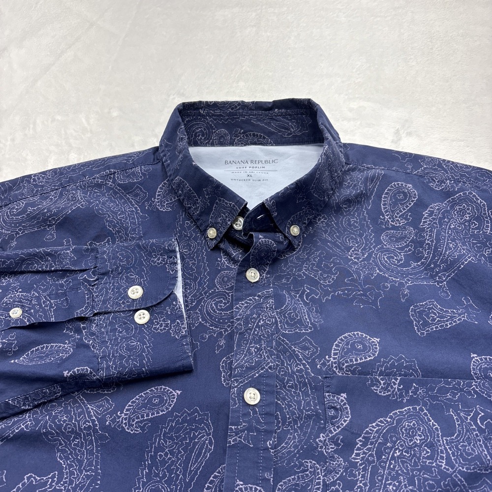 Banana Republic Luxe Poplin Paisley Shirt Men XL Navy Blue Slim Fit Flip Cuff